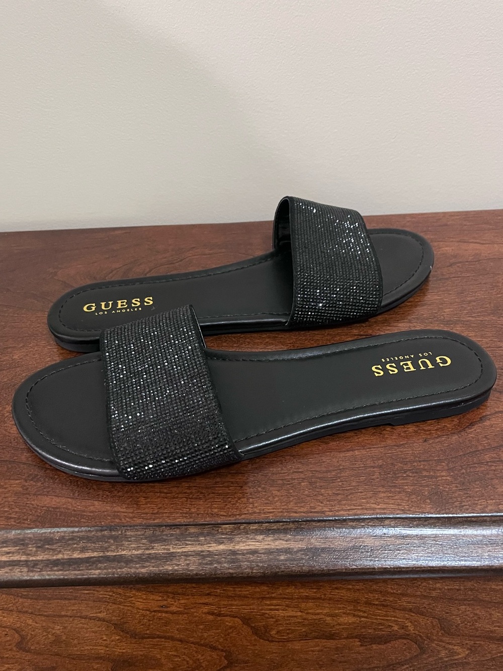 Guess Black Rhinestone Slide Sandals Size 10M